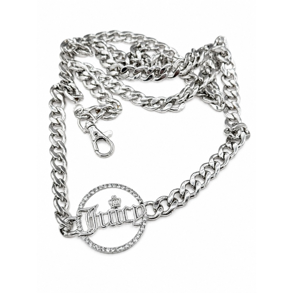 Juicy Couture Silver Chain Belt Rhinestone Circle Logo One Size Ajustable Y2K